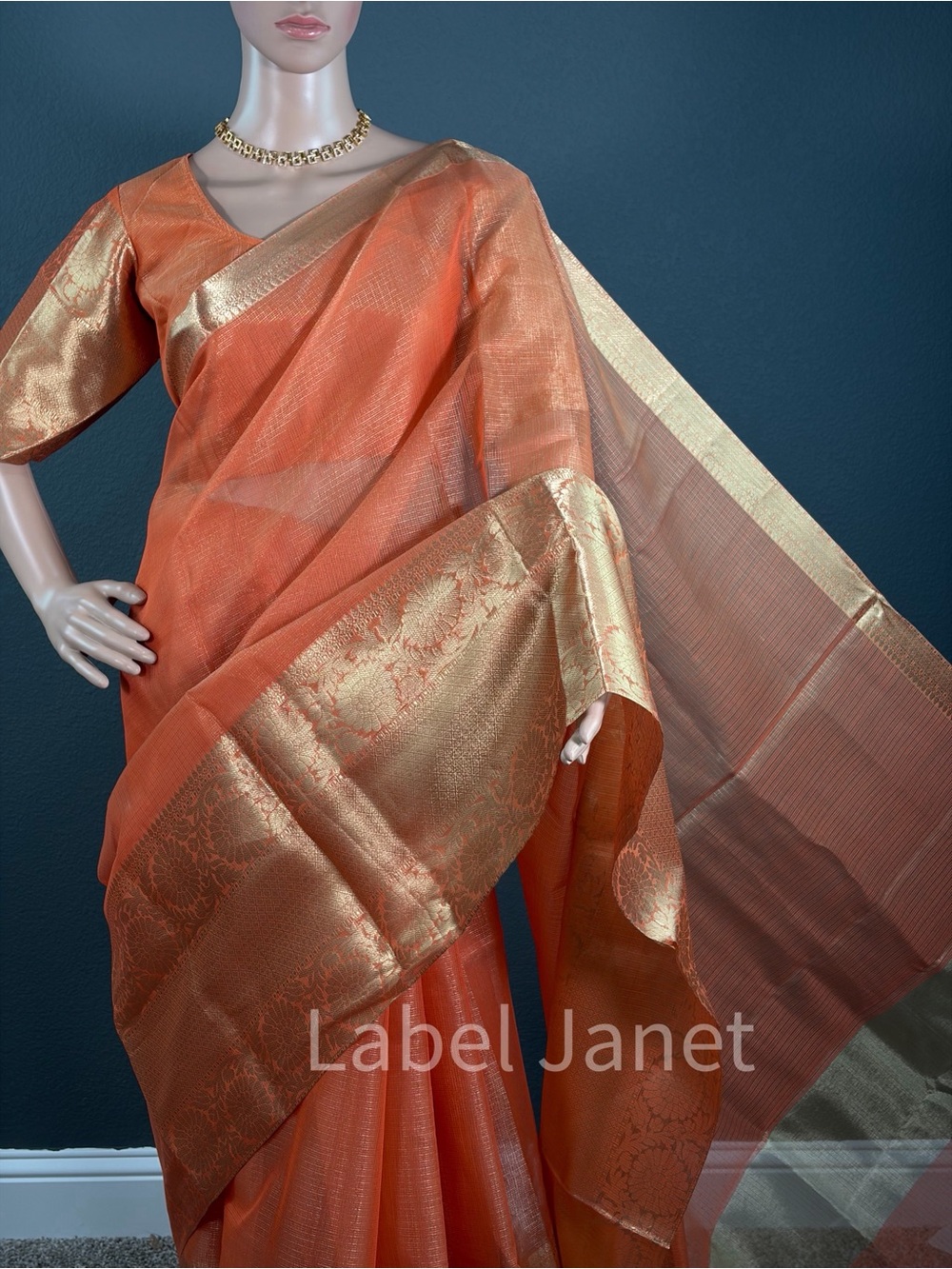 Orange tissue Silk Saree with Gold Woven Border & stitched blouse (Brand New)